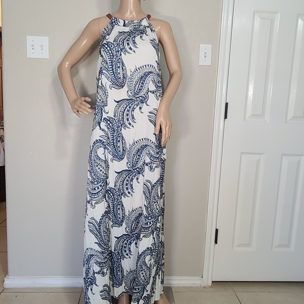 Chico's White & Navy Halter Maxi Dress - Paisley Print